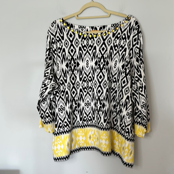 Ruby Rd. Tops - Ruby Road Plus Size Black and Yellow Embellished Boat Neck Ikat Border Top